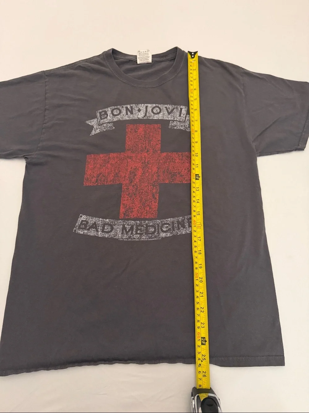 Bon Jovi Bad Medicine logo charcoal gray red short sleeve crew neck t-shirt